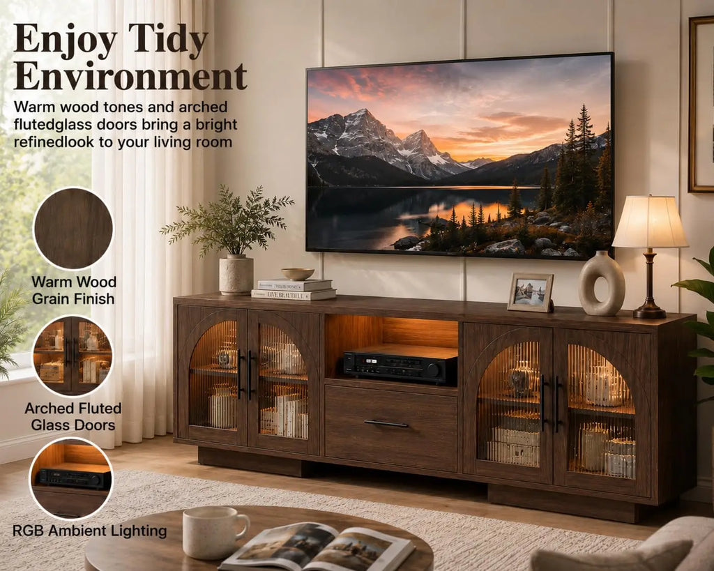 Mid-century LED TV console with built-in lighting