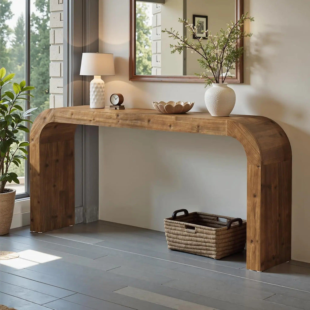 Solid wood waterfall console table with curved corners