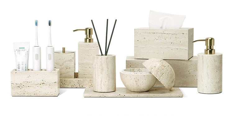Travertine Bathroom Accessory Set — Soap, Tray & Tissue Box