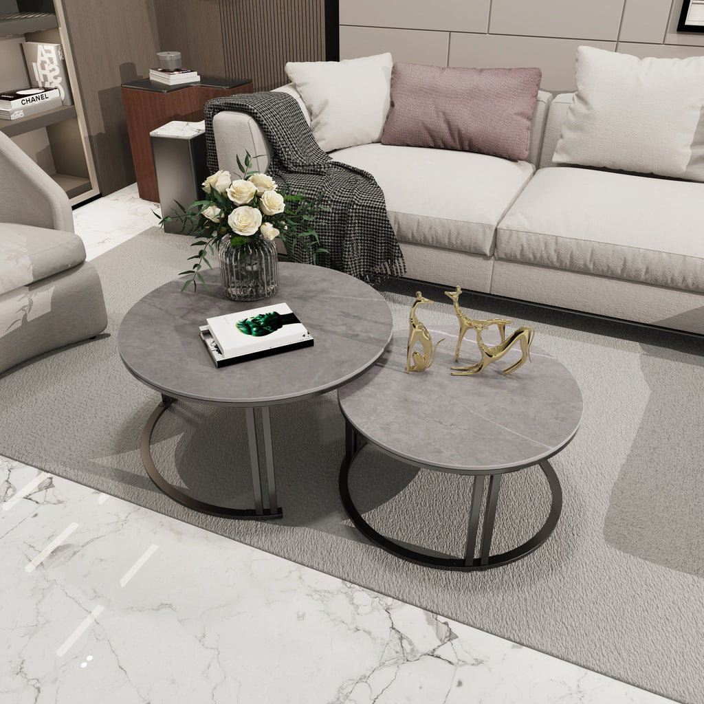 Nesting Coffee Table Set of 2 — 27.5" Round Stone-Top