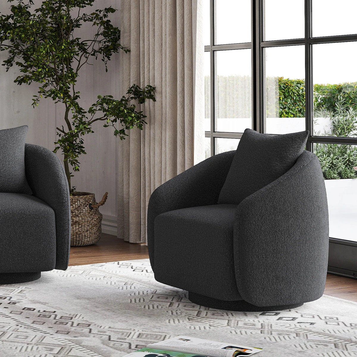 Swivel Barrel Chair with Back Pillow — Teddy Fabric Accent Chair