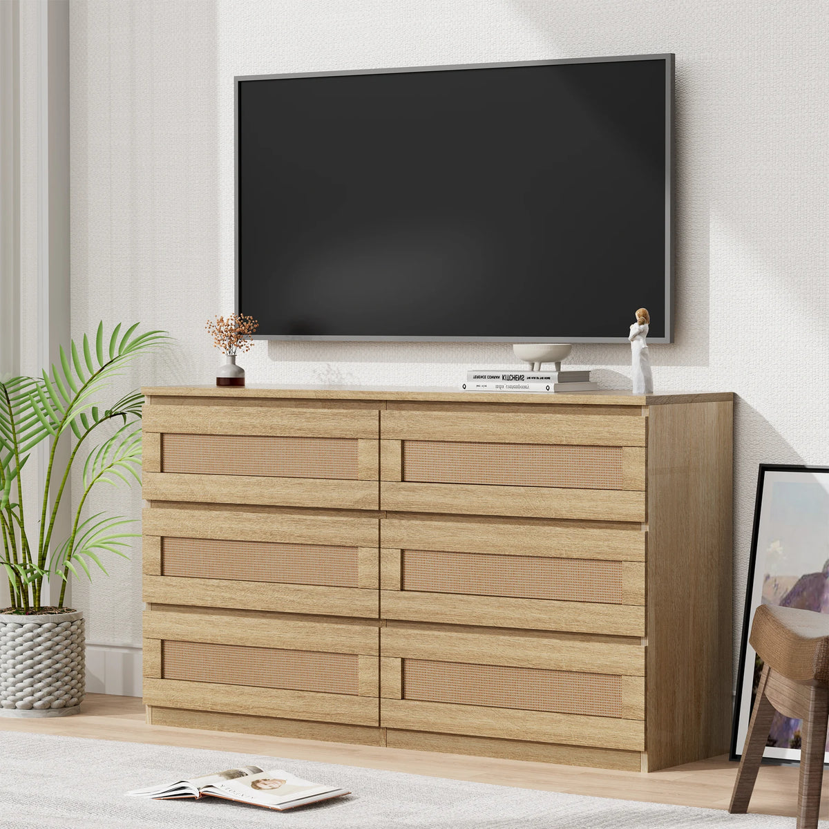 Rattan 6-Drawer Dresser — 47" Slim Bedroom Chest