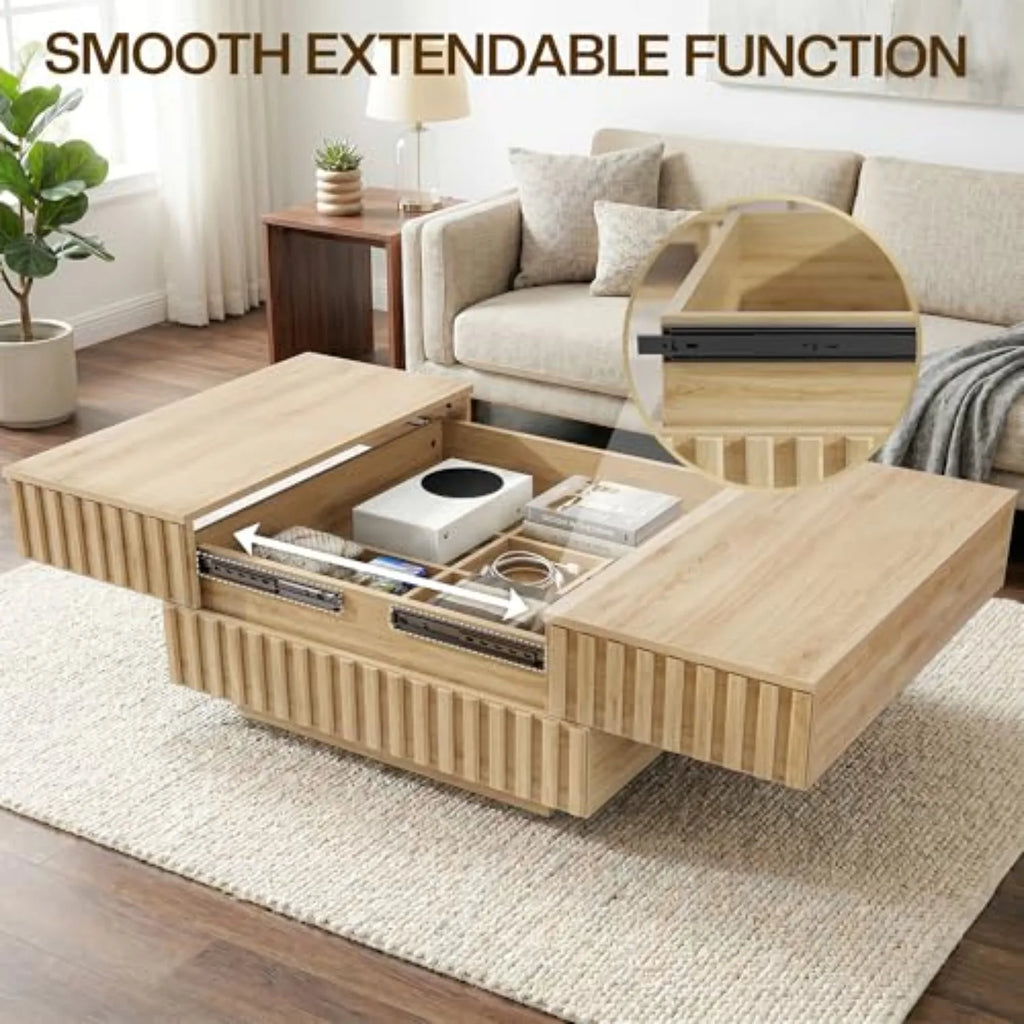 Oak fluted square coffee table with sliding top — finish detail