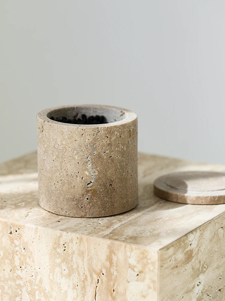 Travertine Cotton Swab Holder — Round Marble Jar, 3.5"