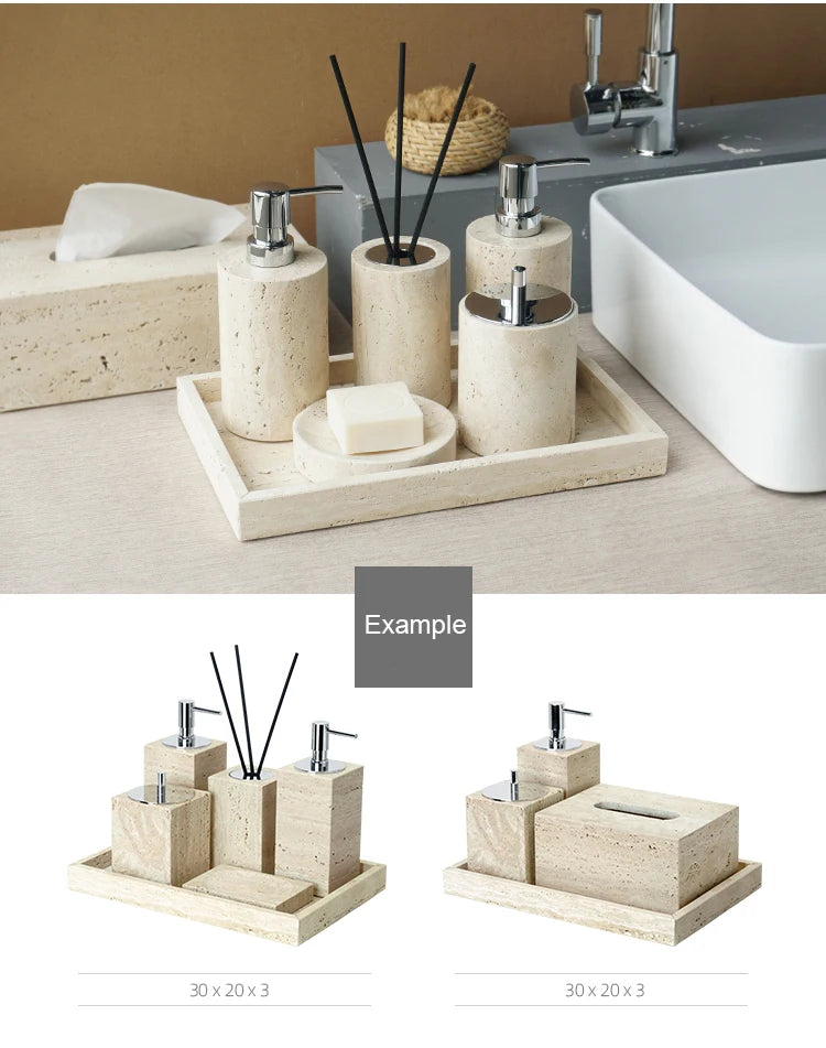 Travertine Bathroom Accessory Set — Vanity Tray & Diffuser, 9-Piece