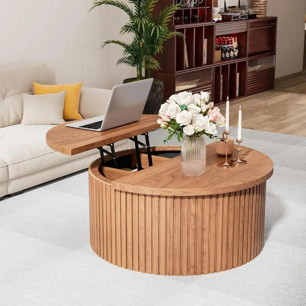 Fluted Round Coffee Table with Storage — 34.6"
