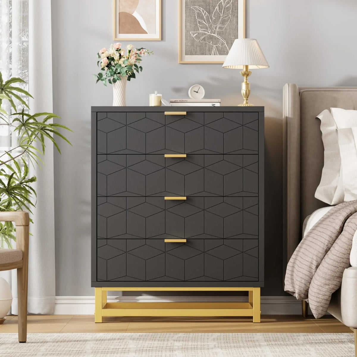Modern 4-Drawer Dresser — Gold Metal Handles