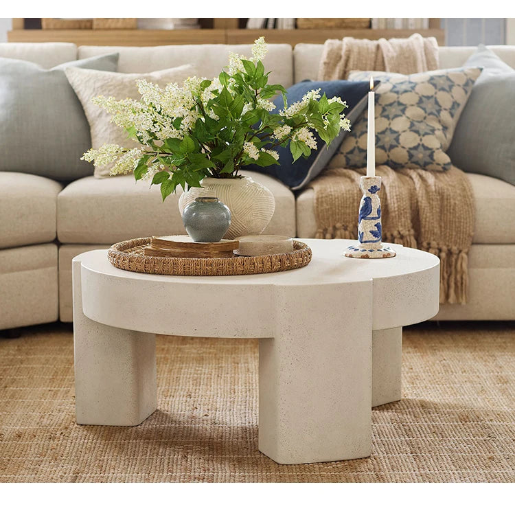 Cream Stone Round Coffee Table - French Minimalist