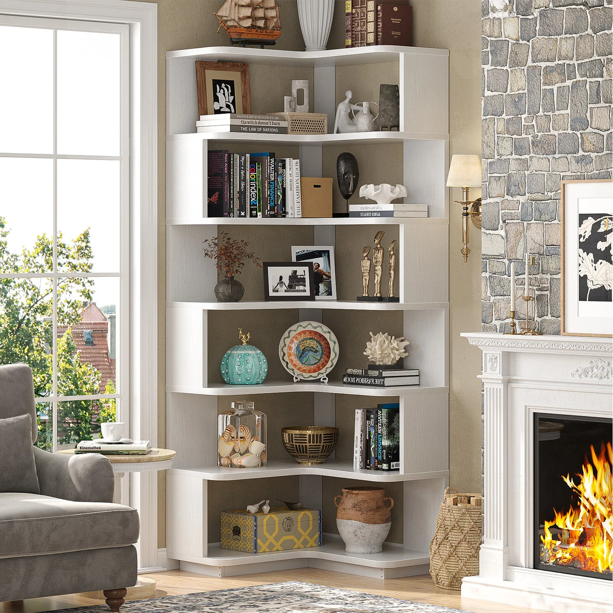 73" L-Shaped Corner Bookshelf — 7-Tier Display Stand