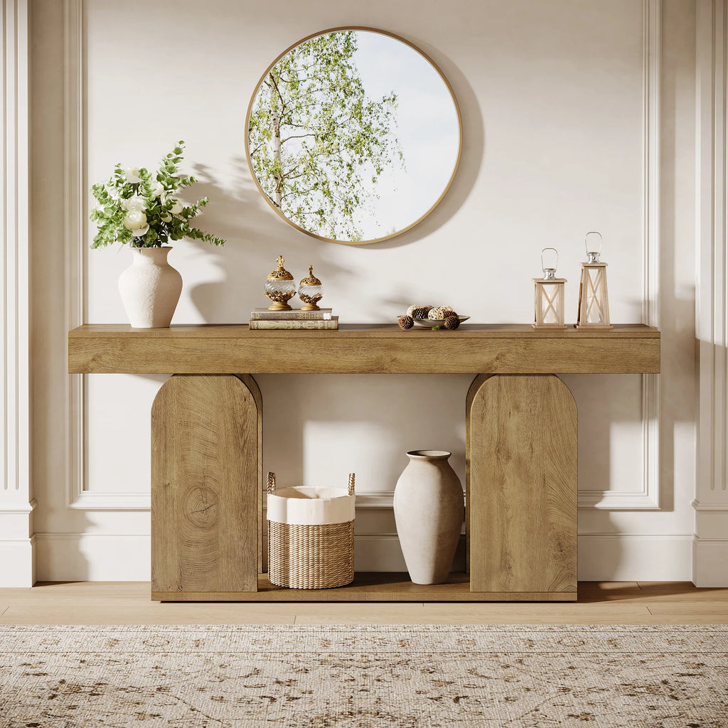 Tribesigns farmhouse console table with U-shaped wood base in an entryway