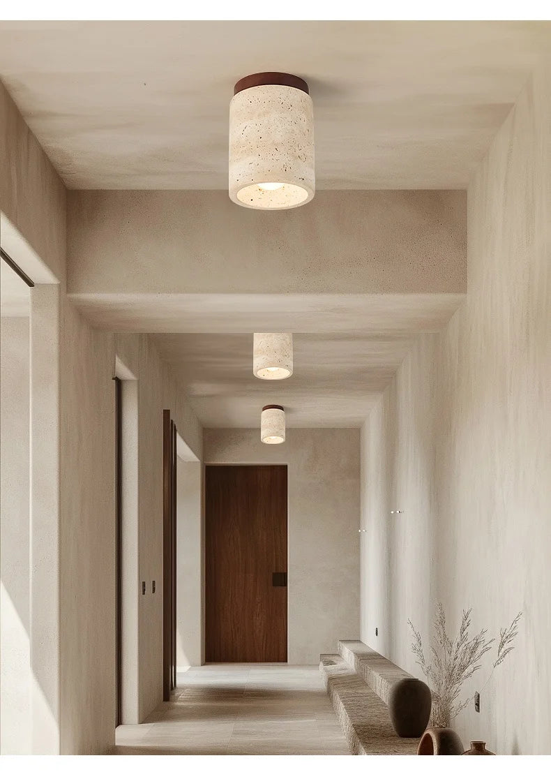 Wabi-Sabi Travertine Ceiling Lamp — Natural Stone & Wood Fixture