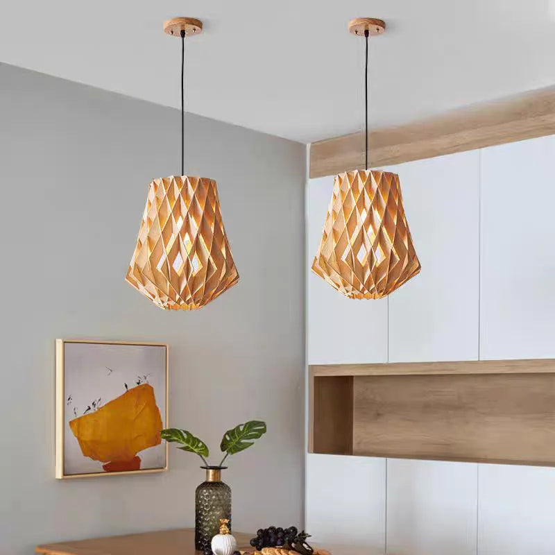 Japanese Style Wooden Birdcage Bar Pendant Light Creative Tatami Lamp Design LED Bedroom Lighting with Shadow Art — main view