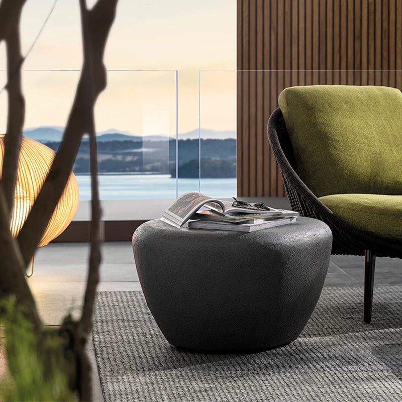Italian Oval Stone Coffee Table - Minimalist Industrial