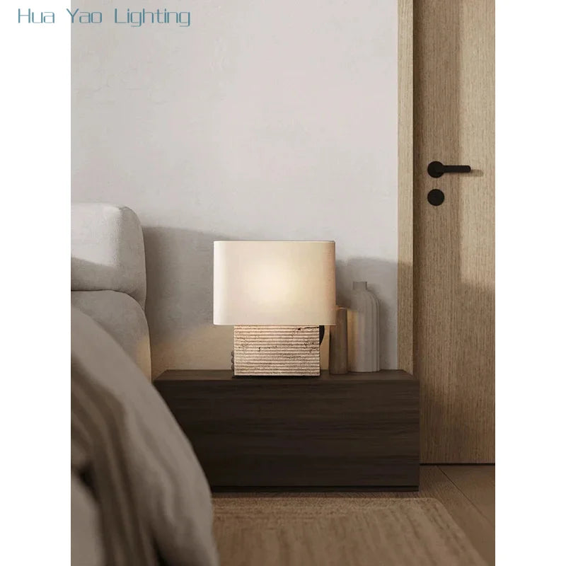 Natural cave stone table lamp with fabric shade