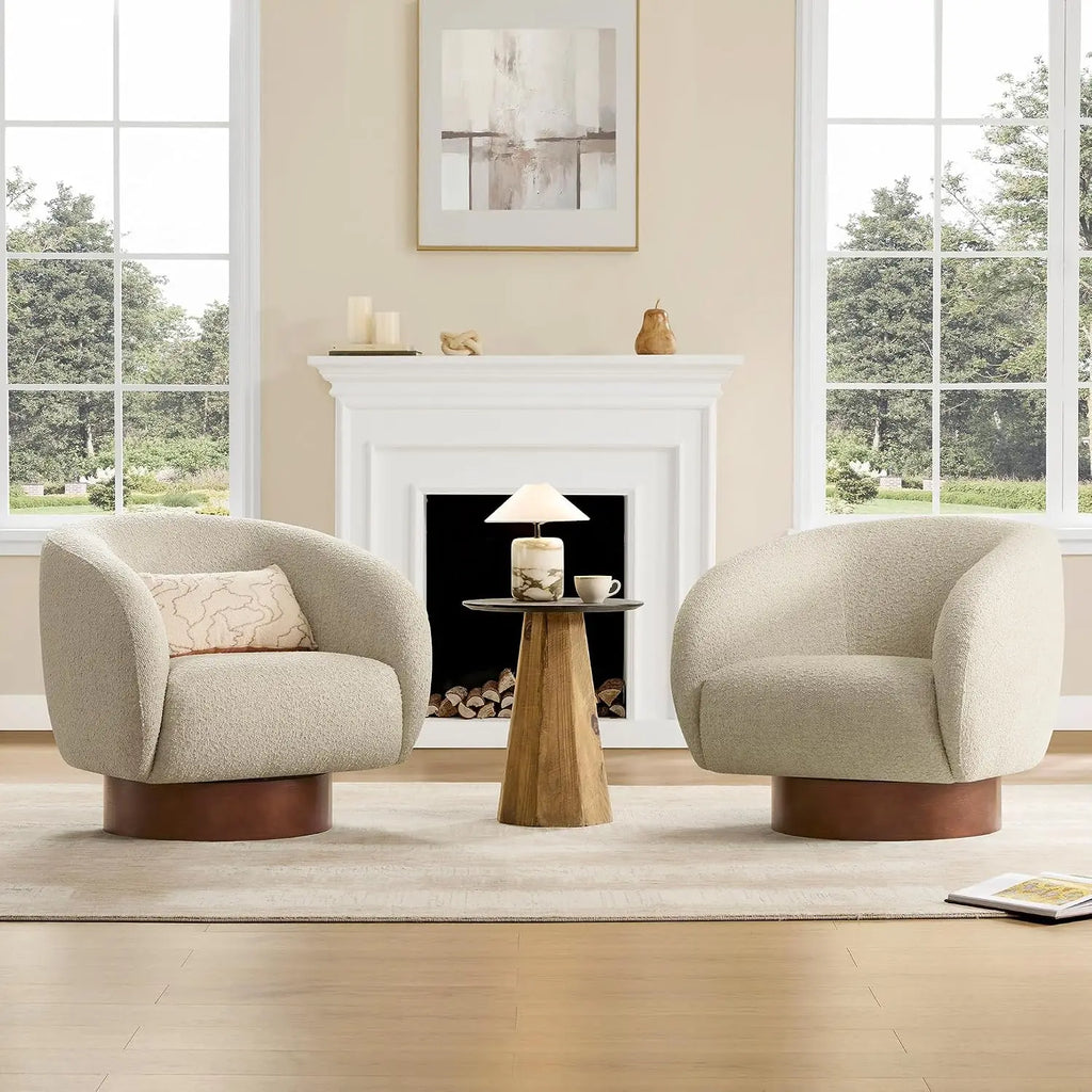 Oatmeal Boucle Swivel Accent Chair — Wood Base Armchair