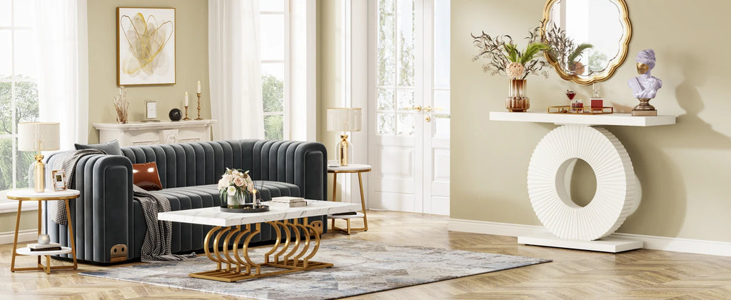 Wood console table with geometric base — alternate angle