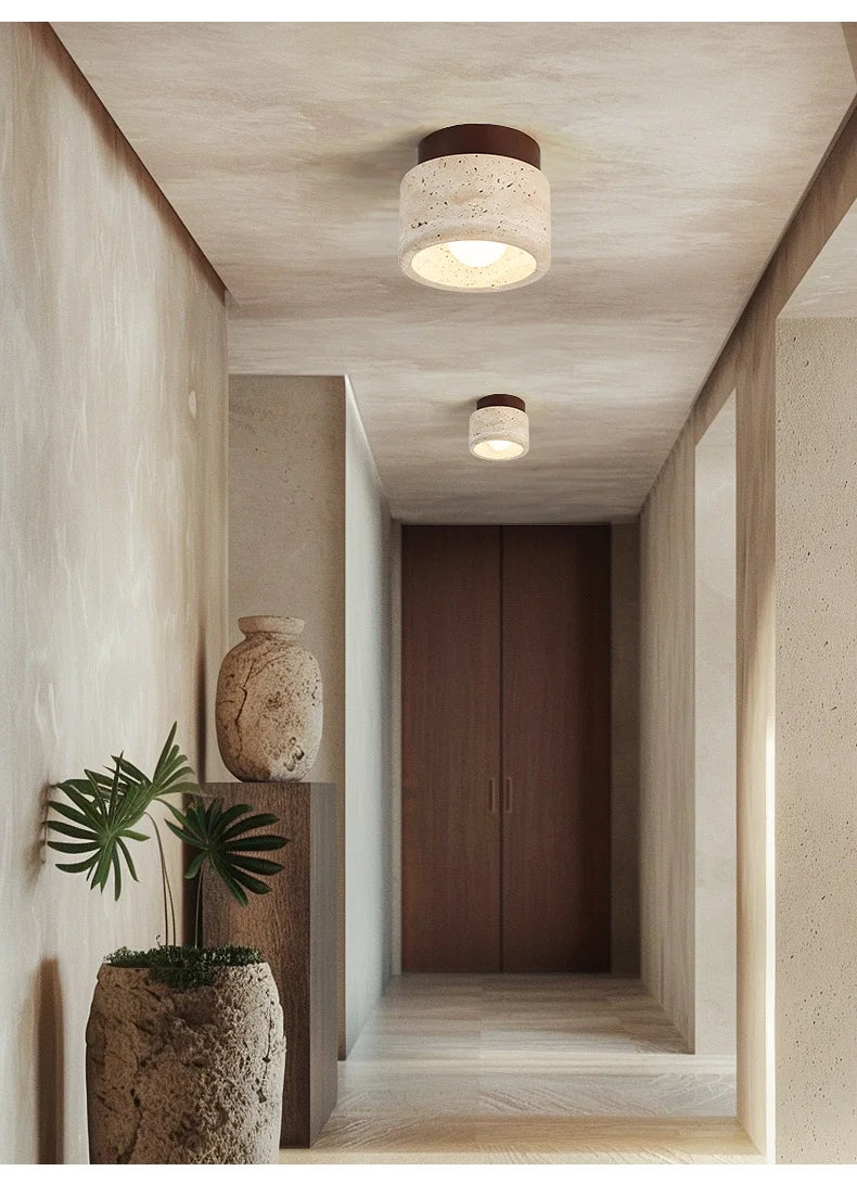 Wabi-Sabi Travertine Ceiling Lamp — Natural Stone & Wood Fixture