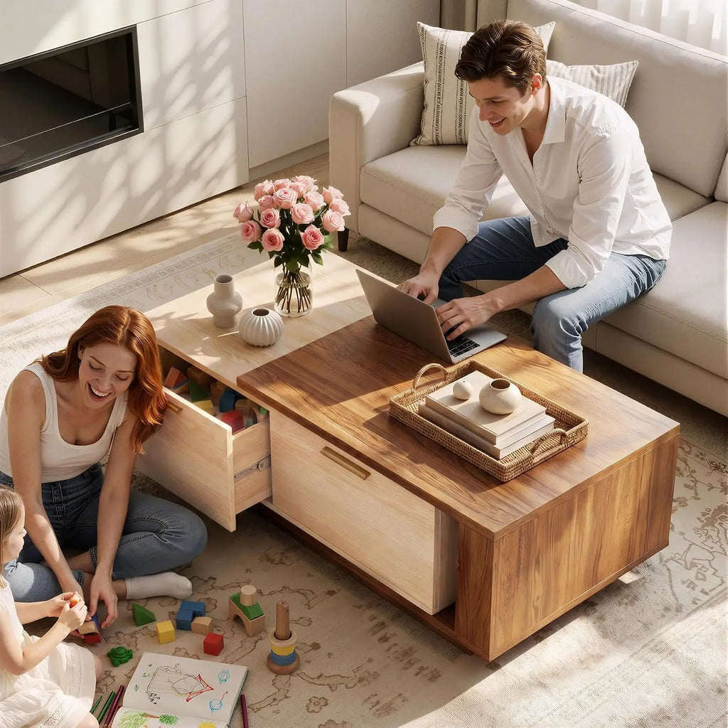 Extendable two-tone coffee table with sliding top and drawers