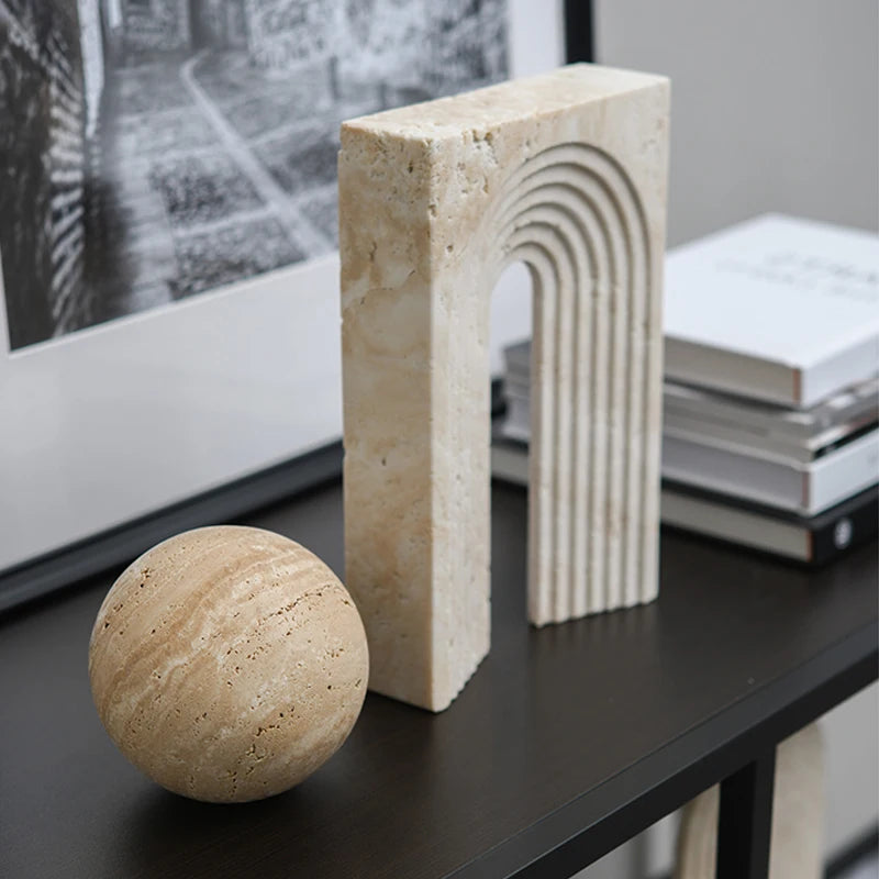 Natural Travertine Stone Archway Ornament — Beige, Antique Finish