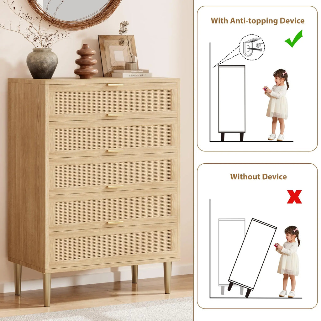 Modern Farmhouse Rattan 5-Drawer Dresser — Tall Narrow Chest