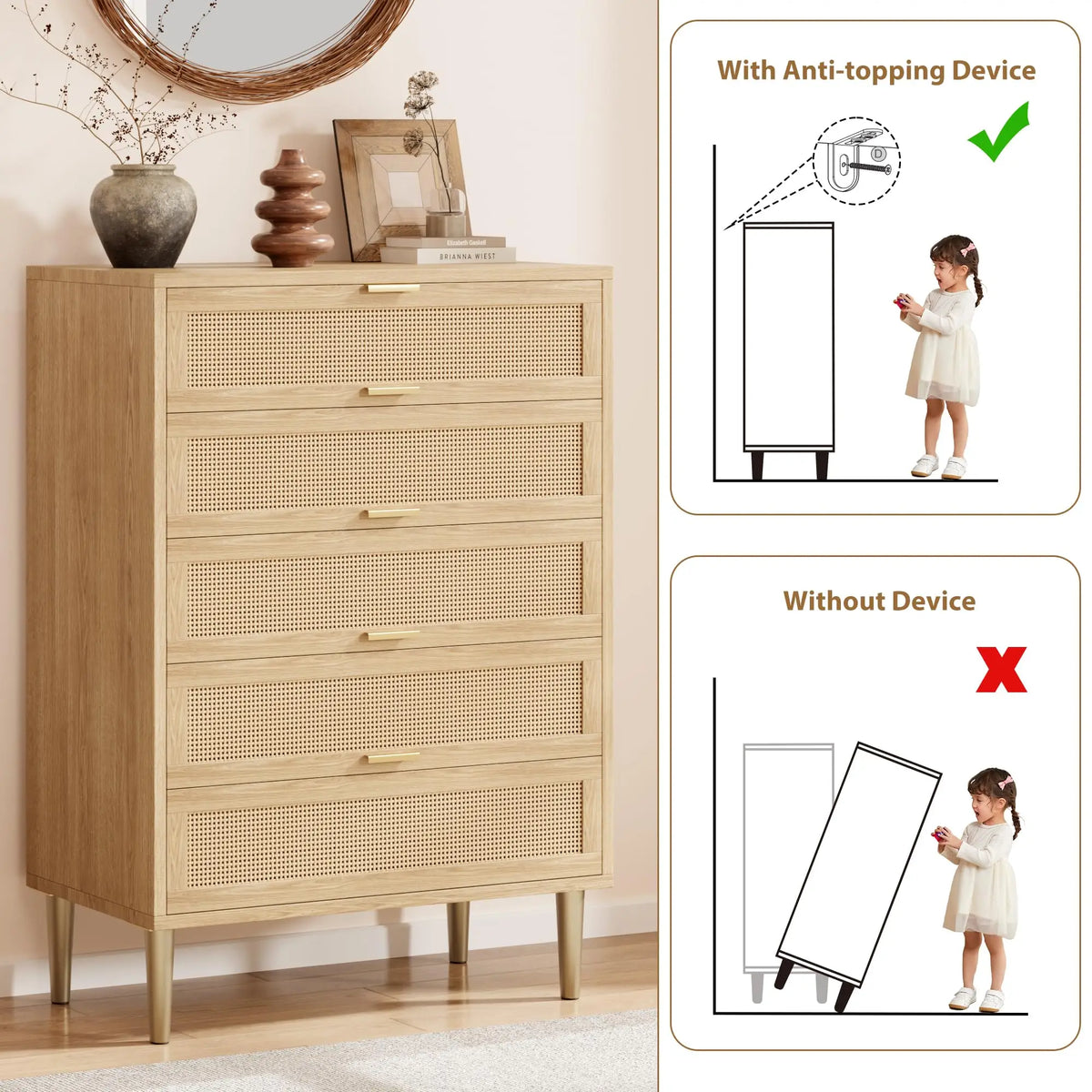 Modern Farmhouse Rattan 5-Drawer Dresser — Tall Narrow Chest