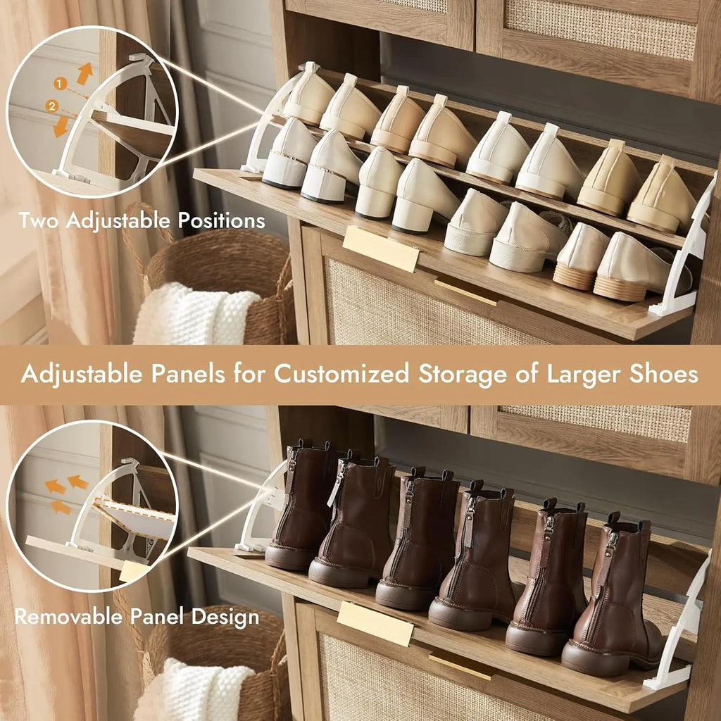 Rattan shoe storage cabinet with flip-front drawers