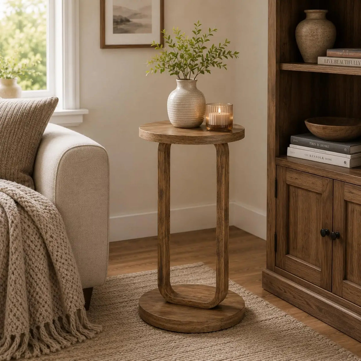 Rustic wood plant stand end table, minimalist round design