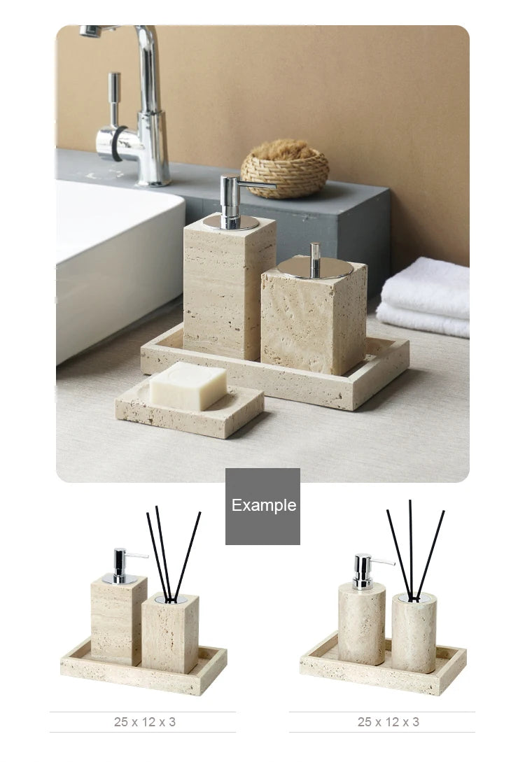 Travertine Bathroom Accessory Set — Vanity Tray & Diffuser, 9-Piece