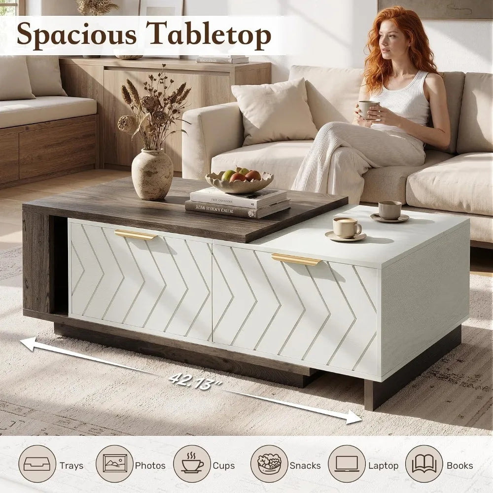 Extendable wood coffee table with storage drawers and open shelf