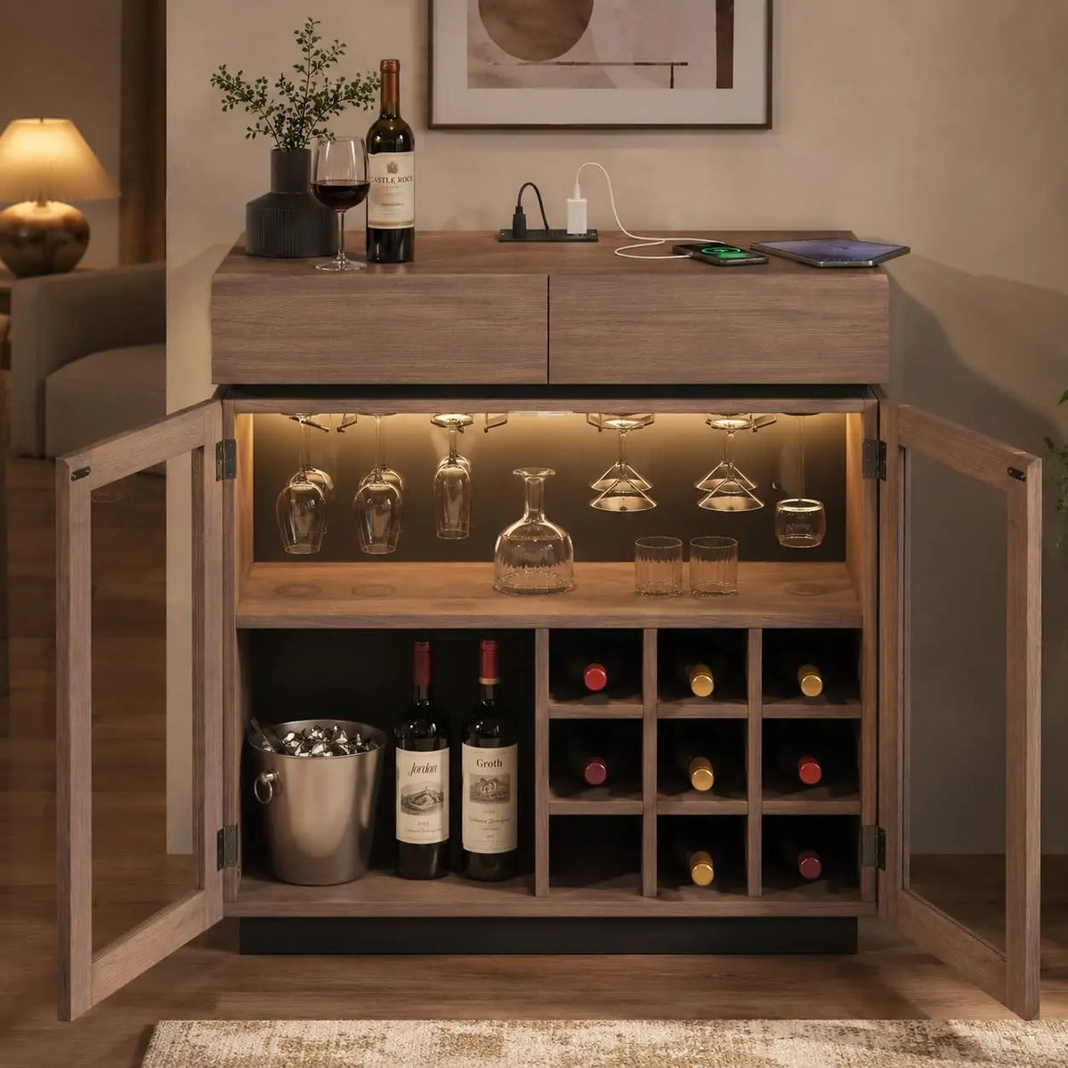 Walnut 2-in-1 Coffee Bar & Wine Cabinet with LED Light