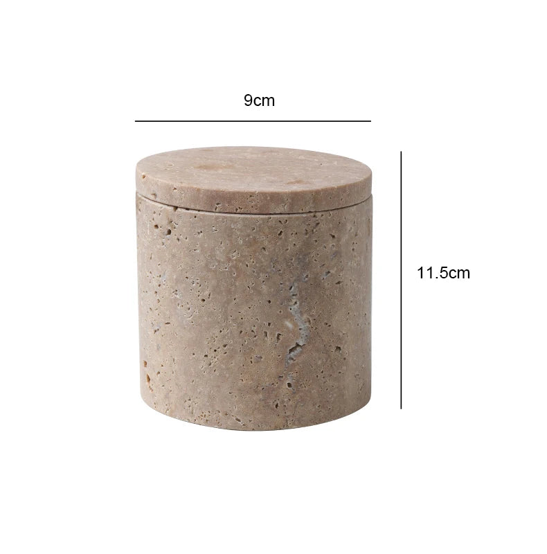 Travertine Cotton Swab Holder — Round Marble Jar, 3.5"