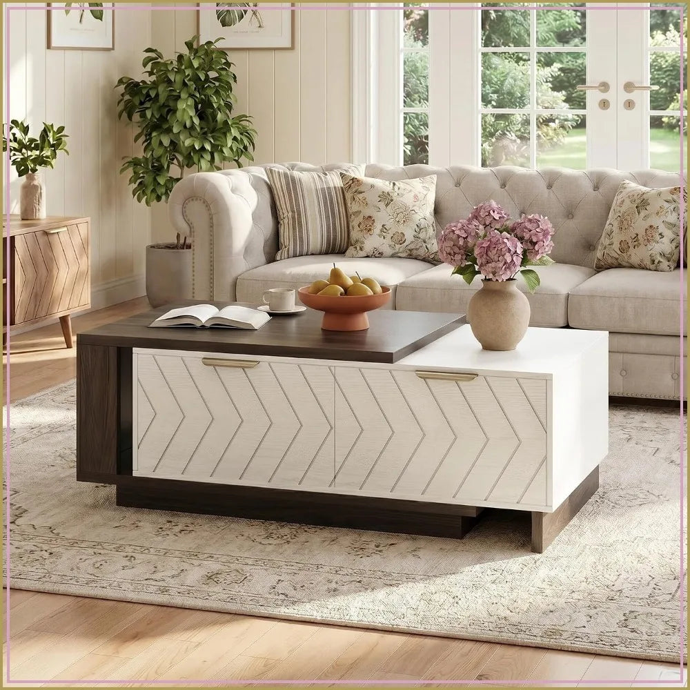 Extendable wood coffee table with storage drawers and open shelf