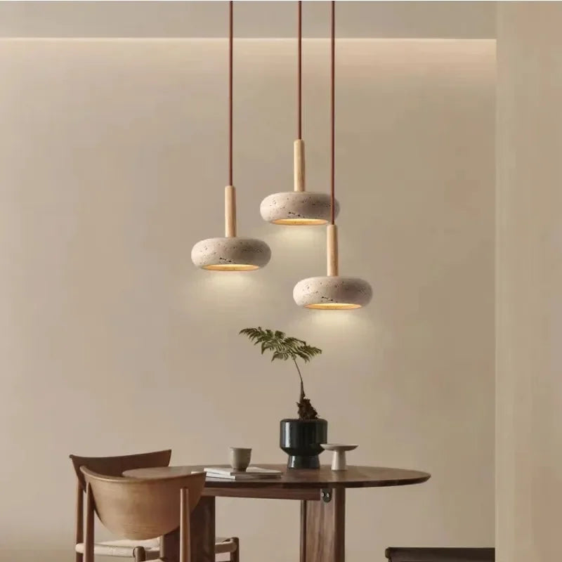 Wabi-sabi Chandelier Nordic Yellow Travertine Bedside  Retro Flying Saucer Restaurant Bar Stone LED — room setting