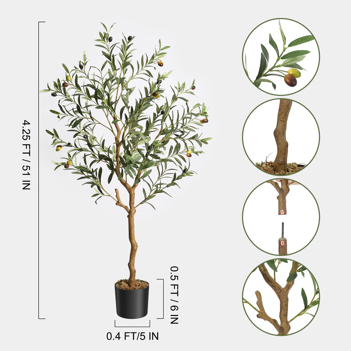 1Pc/2Pcs Artificial Olive Tree 4ft / 5ft / 6ft, Large Artificial Plants Fake Plastic Plants in Pot for Home Bedroom Decor — feature detail