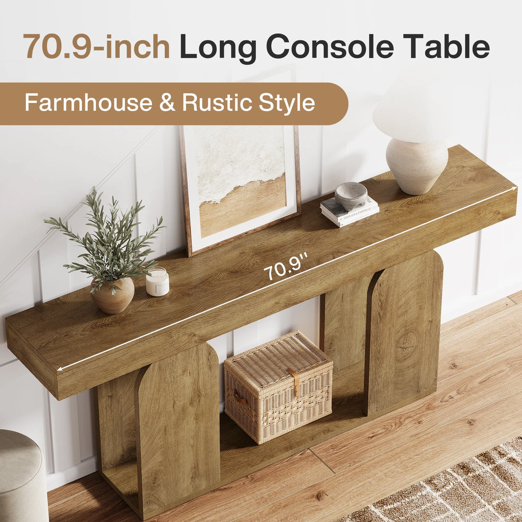 Tribesigns farmhouse console table with U-shaped wood base in an entryway