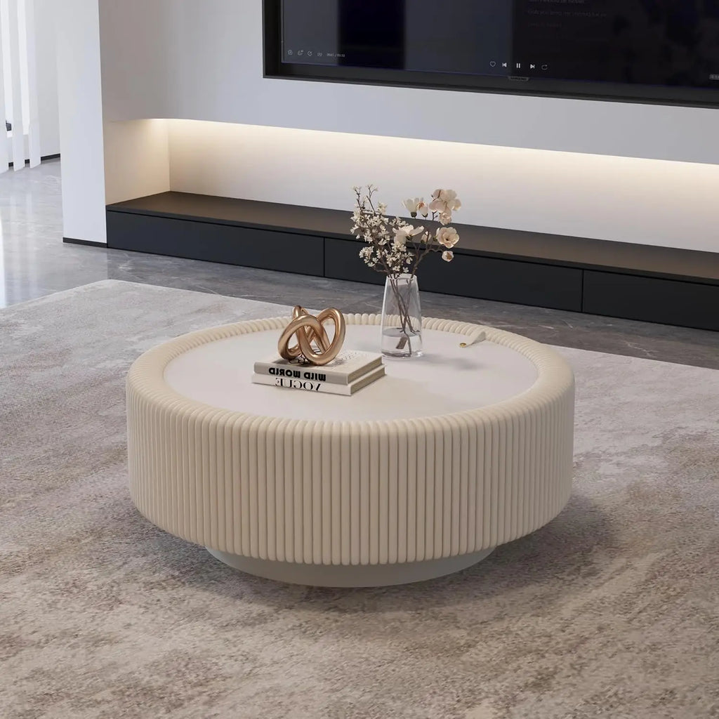 Round fluted coffee table with glass top and hidden storage