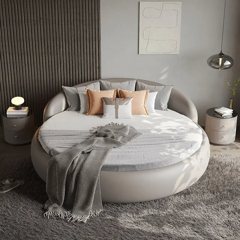 Floating platform bed with modern circular headboard design