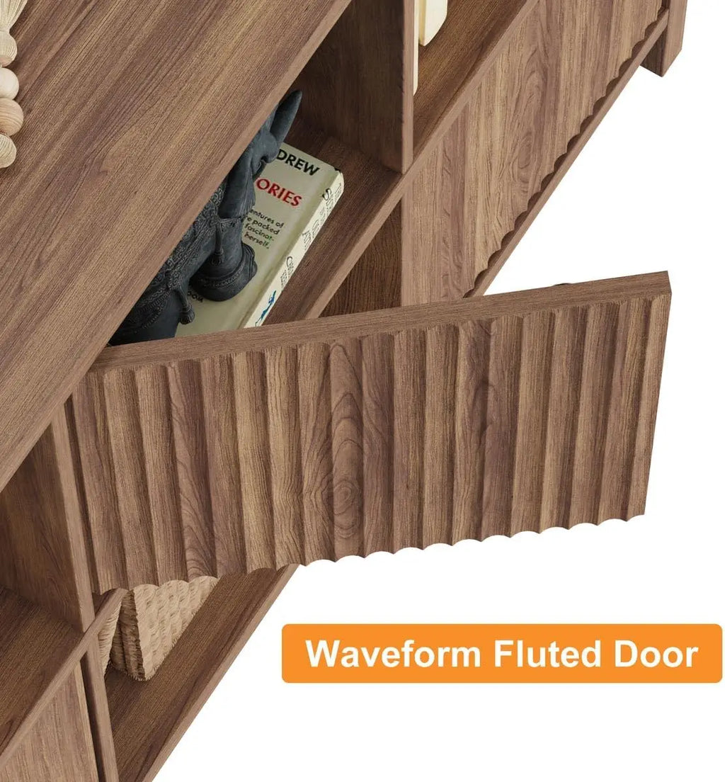 Three-door wood bookcase with cube storage in walnut finish