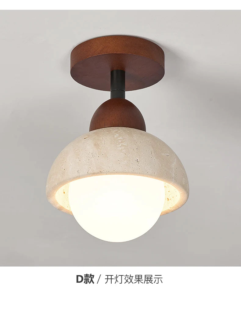 Wabi-Sabi Travertine Ceiling Lamp — Natural Stone & Wood Fixture