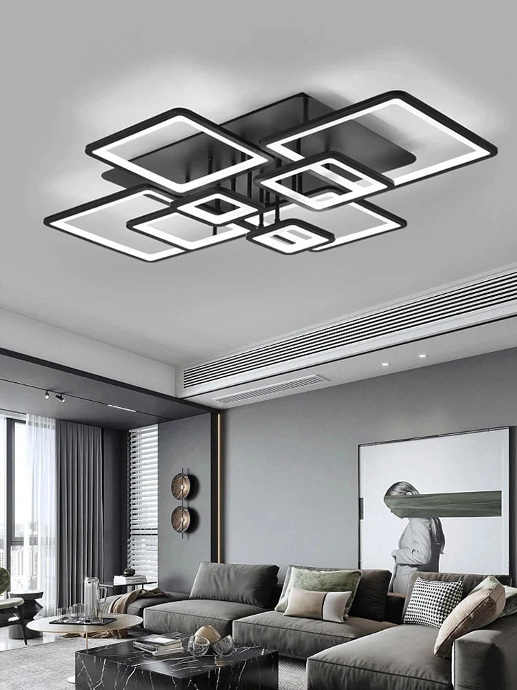 Black grid LED ceiling light — front detail view