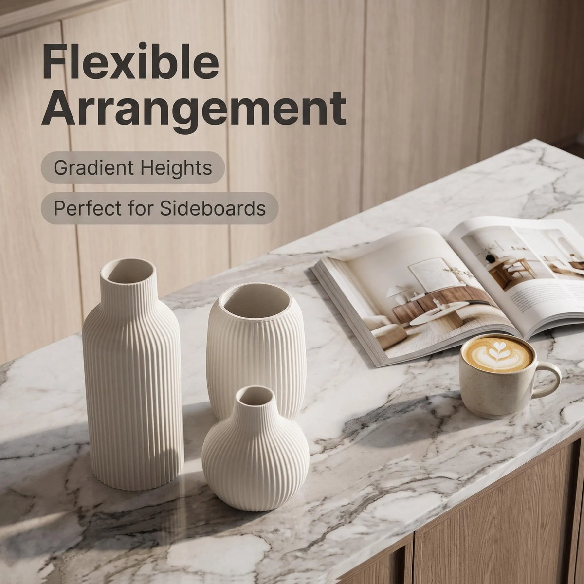 Vertical-Striped Embossed 3-Piece Vase Set — Matte PLA