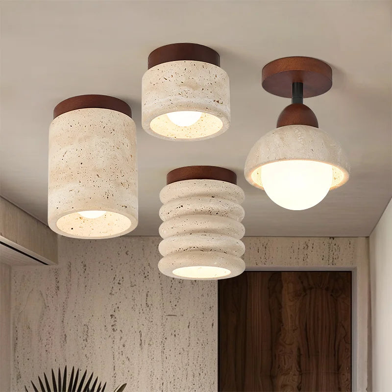 Wabi-Sabi Travertine Ceiling Lamp — Natural Stone & Wood Fixture