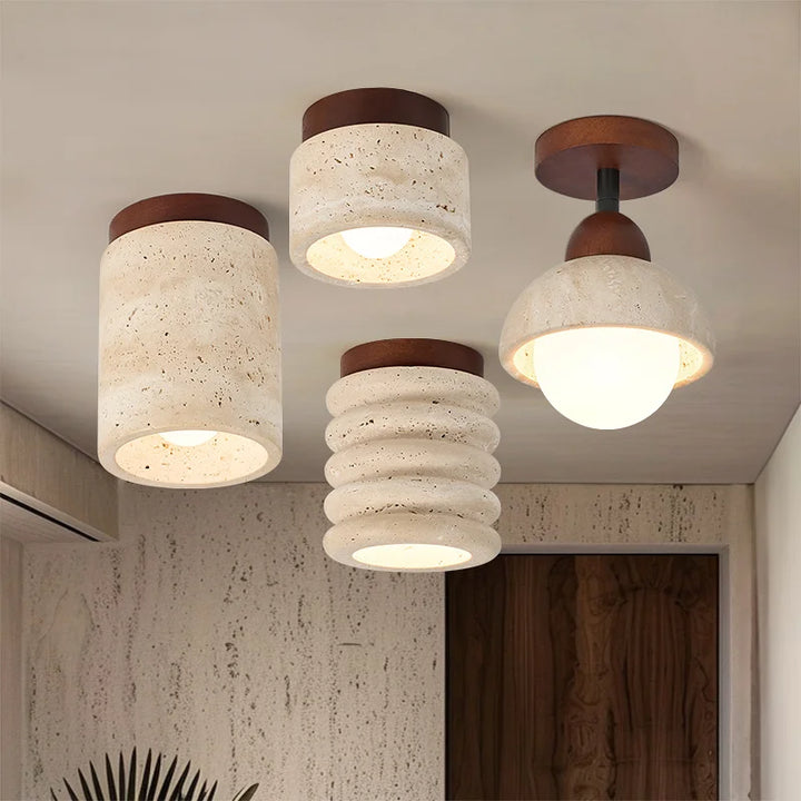 Wabi-Sabi Travertine Ceiling Lamp — Natural Stone & Wood Fixture