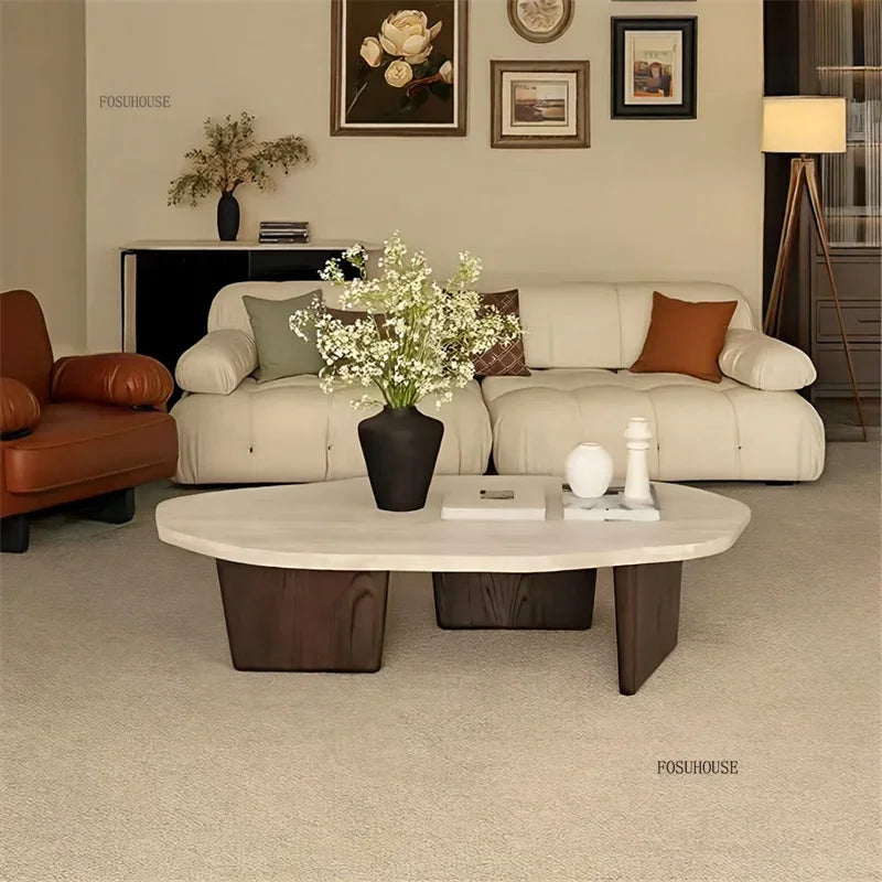 Natural wood low-profile coffee table — side angle