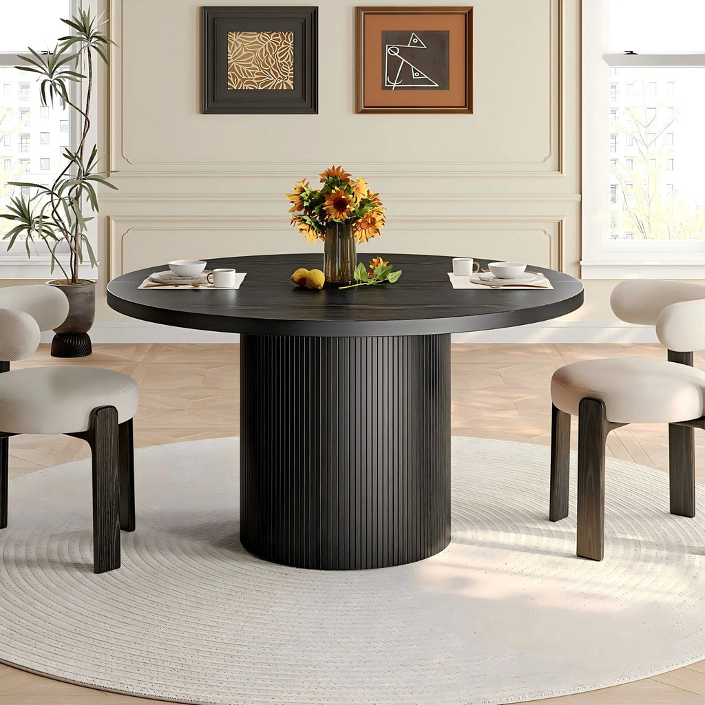 Black fluted round dining table — product detail view