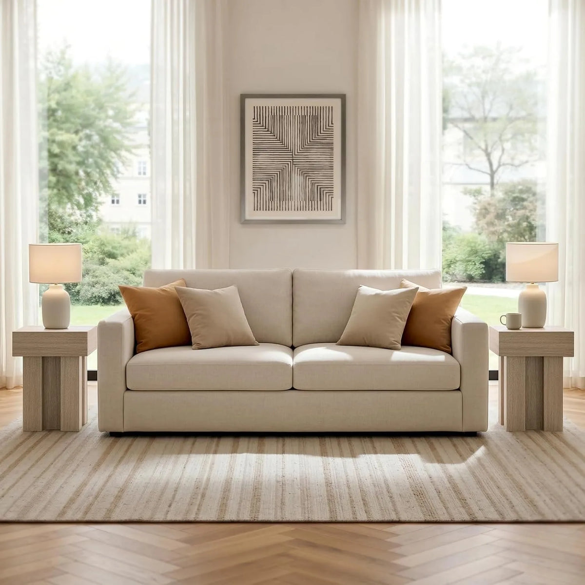 Square pedestal wood end table in modern oak design
