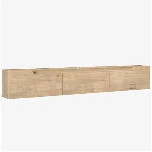 Floating wall-mounted TV stand with cable management in oak and white