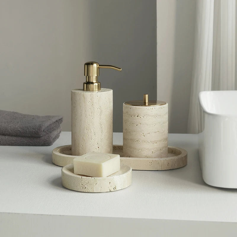 Travertine Bathroom Accessory Set — Soap, Tray & Tissue Box