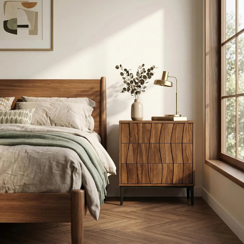 Mid-Century Walnut Nightstand Set of 2, Wave-Front