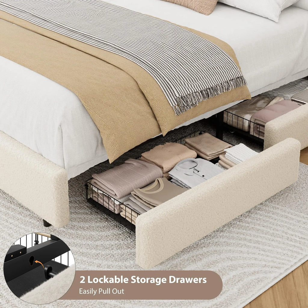 Boucle Upholstered Platform Bed — King with Storage Drawers